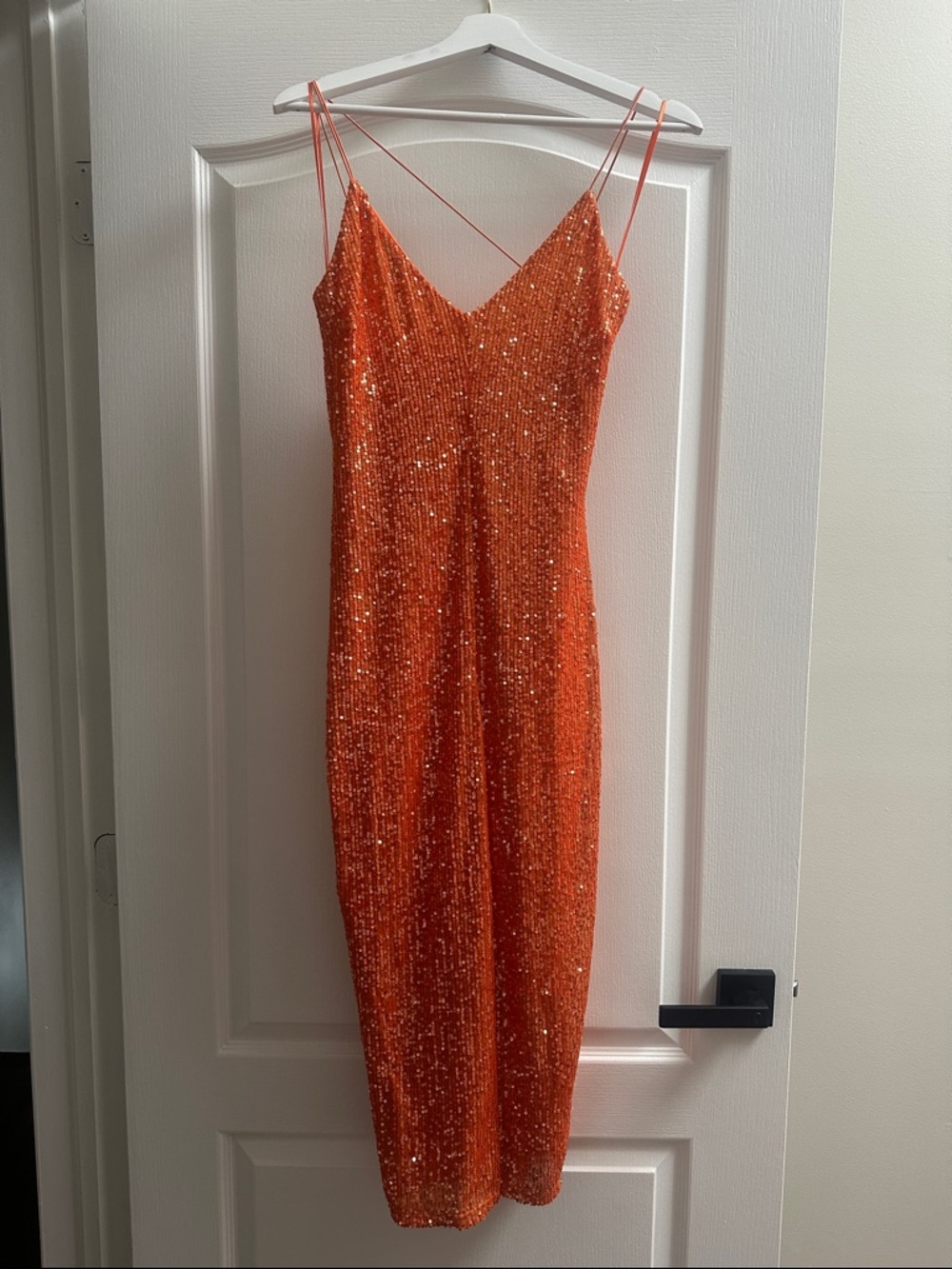 Orange Sequin Slip Midi Dress with Double Spaghetti Straps
